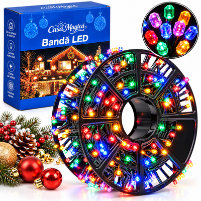 Instalatie LED pe Rola 85m, 400 LED-uri Multicolore, Fir Negru, Bec Mare Model Diamant, cu Jocuri de Lumini si Efect Flash, pentru Interior si Exterior, de Craciun Engros