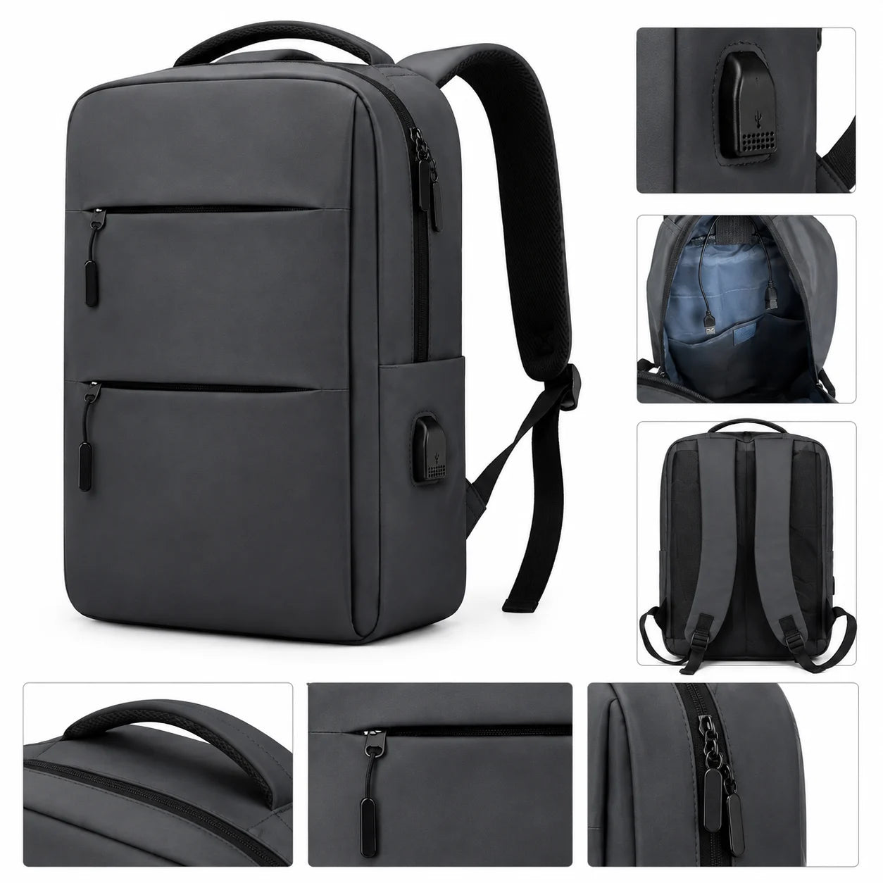 Ghiozdan cu 3 Fermoare 42×30×12cm, Port USB, Rucsac pentru Laptop, din Piele Ecologică, Engros