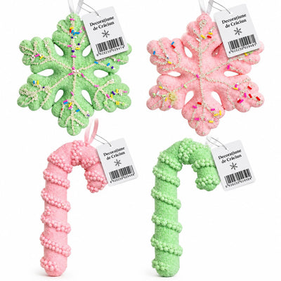 Decorațiuni de Crăciun 12/set, 11.5–17cm, Fulgi de Nea și Bastonașe Decorative, cu Sclipici și Aspect de Zăpadă, Diverse Modele pentru Brad Engros