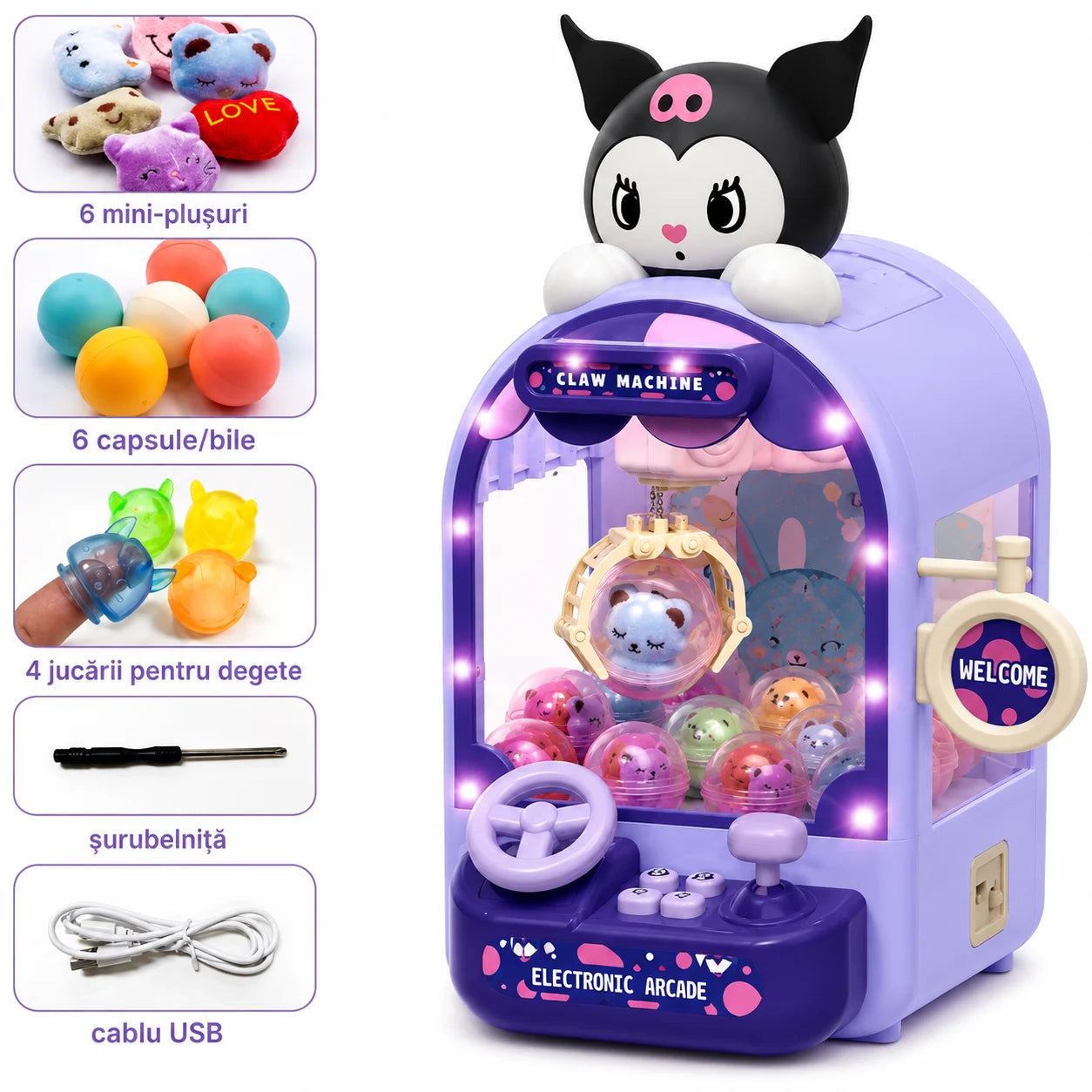Masina Electronica de Prins Jucării 35x18x13cm, cu Gheară, Lumini LED și Muzică, Mini Claw Machine Engros
