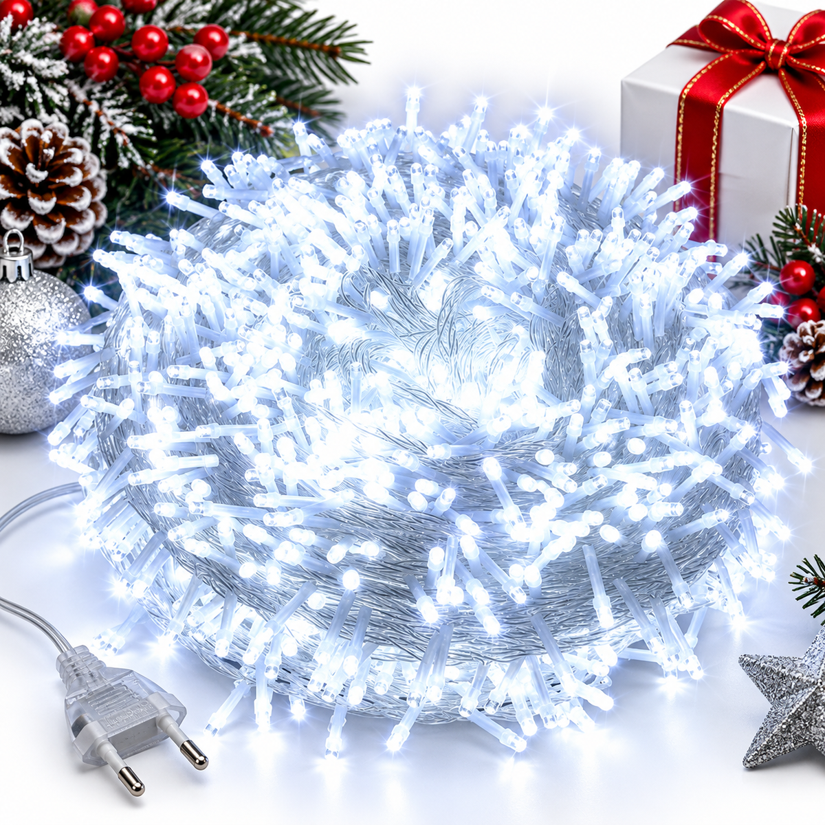 Instalatie LED 8m cu 60 MicroLED-uri, Fir Transparent, Lumina Alb Rece, cu Jocuri de Lumini si Efect Flash, pentru Craciun Engros