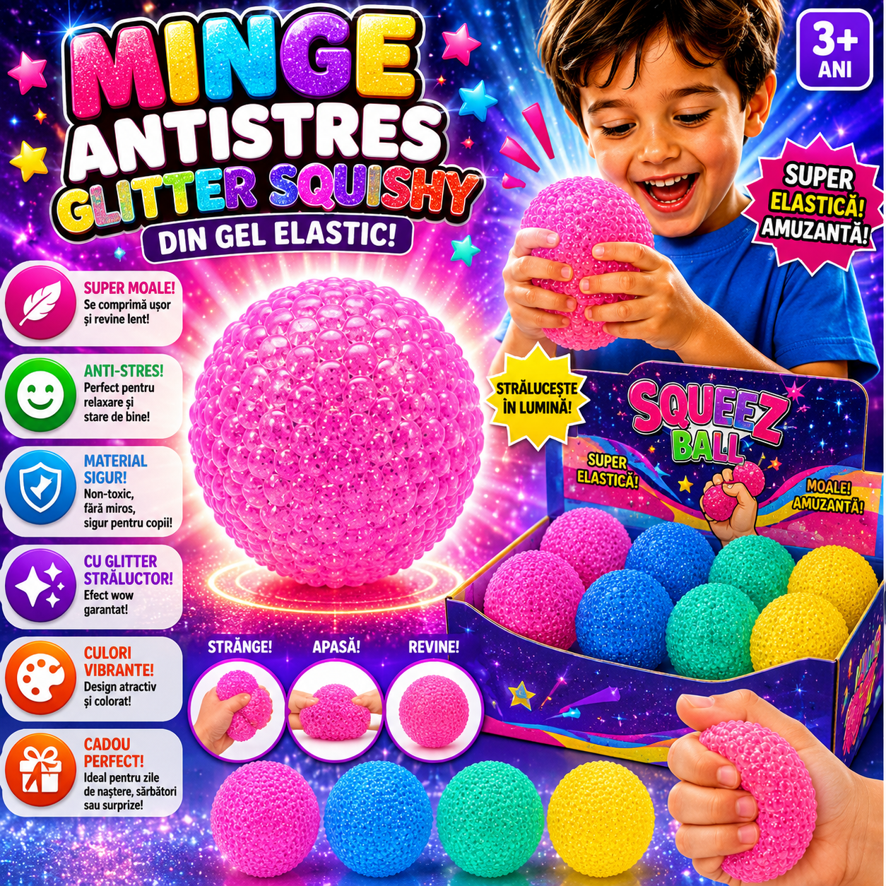 Minge Antistres Squishy 6.5cm, Cube Squeeze Ball, din Gel Elastic, Stretch & Squeeze, Diferite Culori Engros