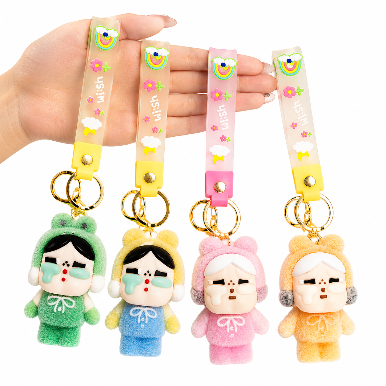 Breloc Crybaby 12/set, Păpuși Pluș Kawaii 8.5cm, cu Curea Silicon și Inel Metalic, Diferite Modele Engros