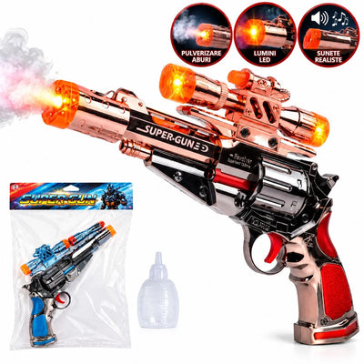 Pistol de Jucarie Spatial 28x23cm, cu Fum, Sunete, Lumini LED, Luneta si Efecte Interactive, Diferite Culori Engros