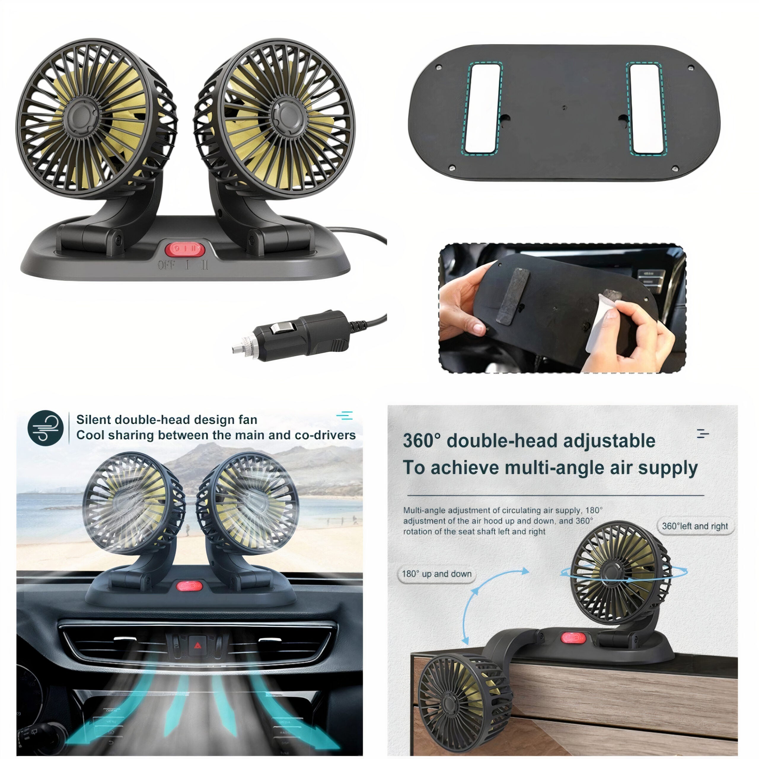 Ventilator Auto Dublu 13x21cm cu Picior Retractabil, cu 2 Viteze, USB Engros