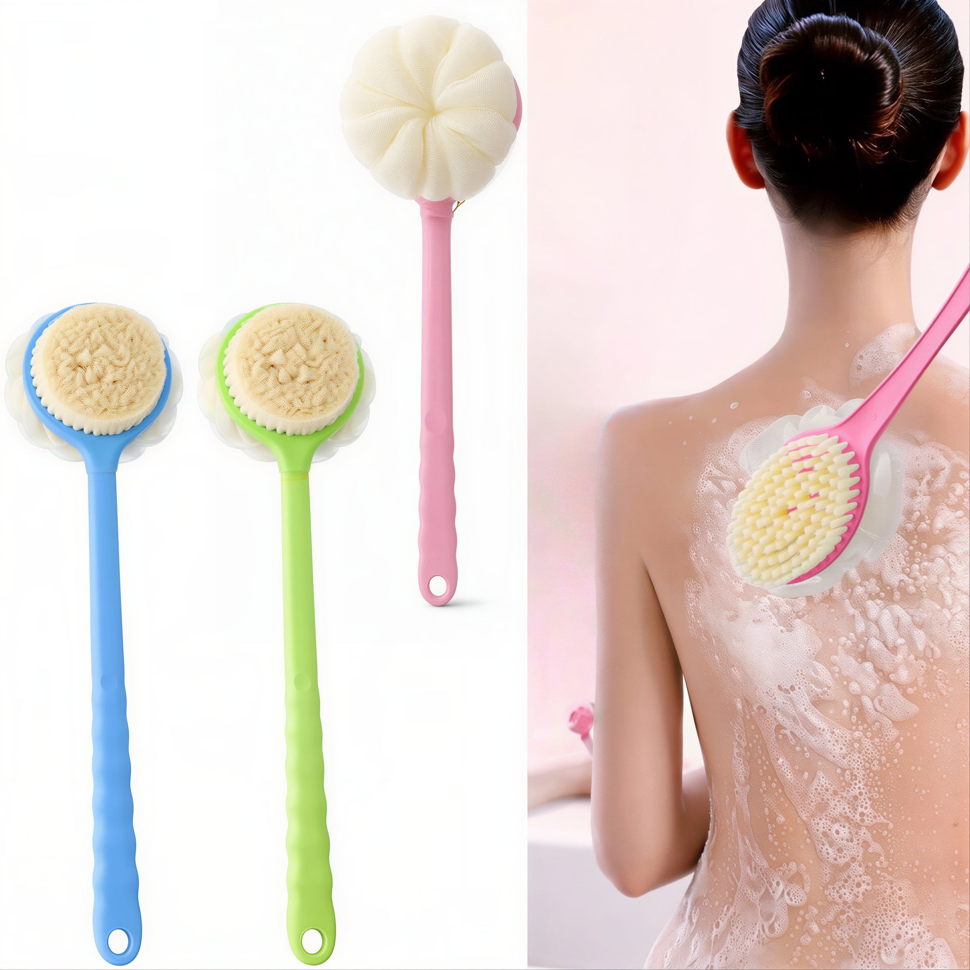 Perie pentru Corp 33cm Dubla Perie si Burete din Plasă, Maner din Plastic Diferite Culori Engros