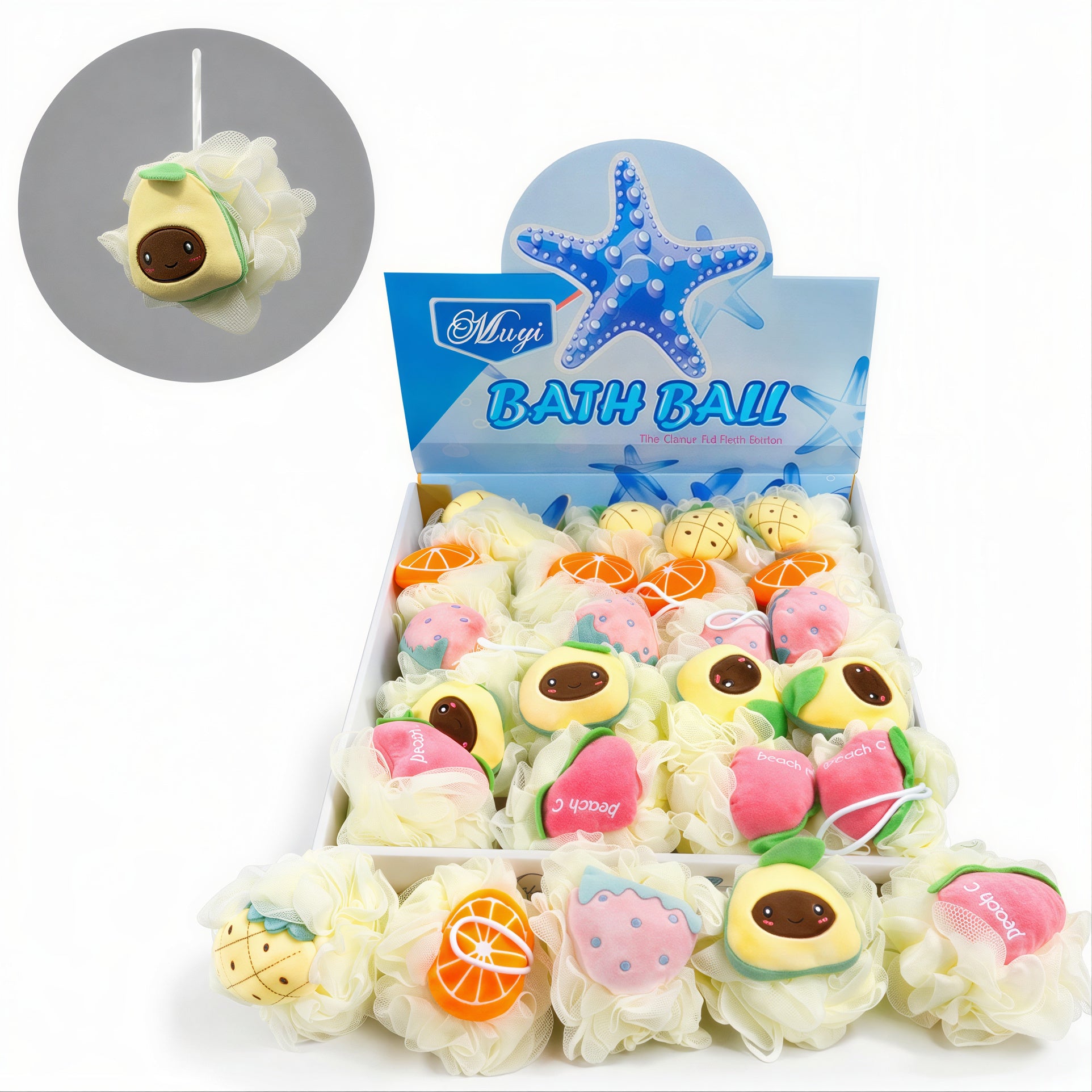 Bureți de Baie 25/set cu Figurine Fructe 14cm, Material Textil și Plasă Sintetică Diferite Modele Engros