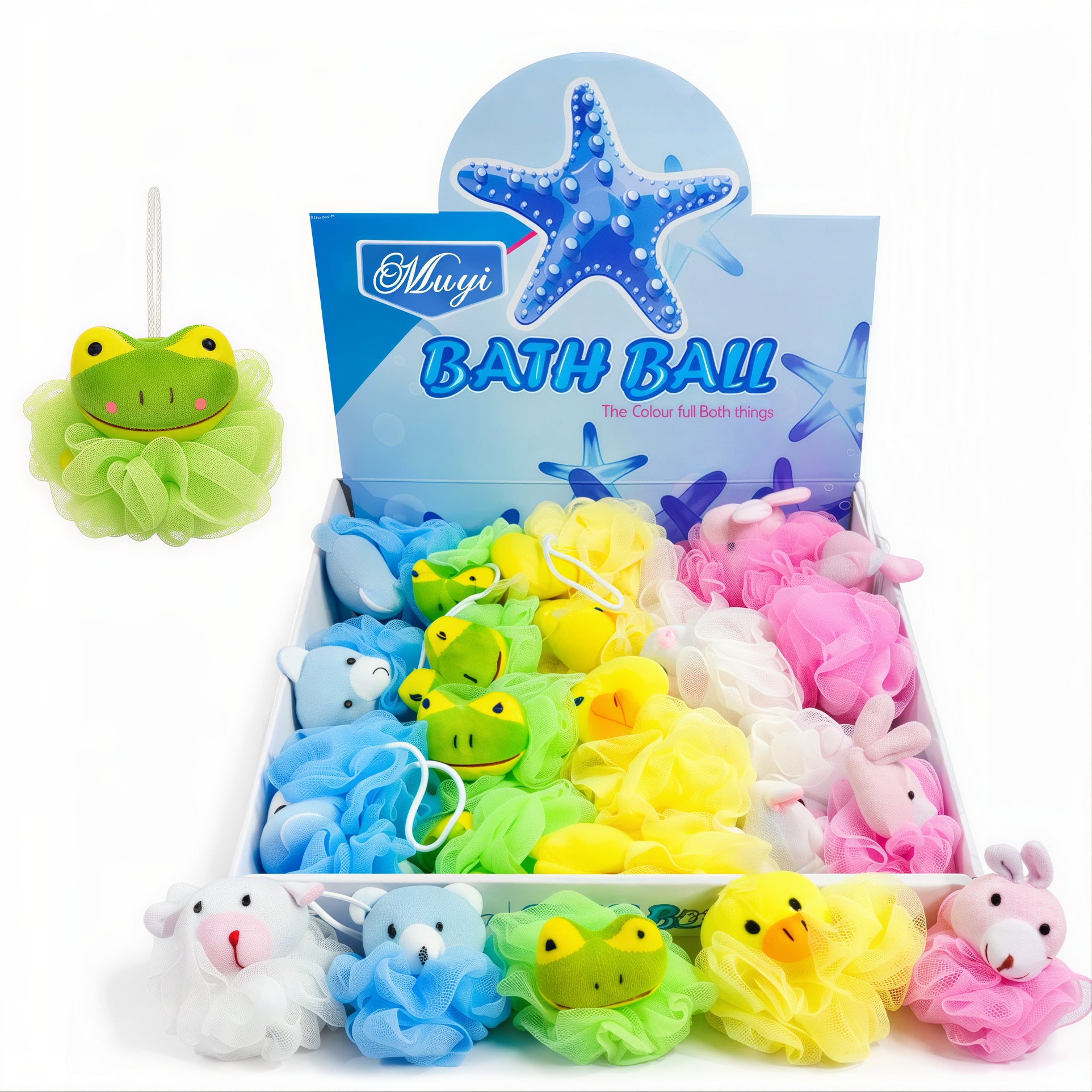 Burete de Baie 25/set cu Cap Decorativ Animal, 14cm din Plasă Sintetică și Material Textil Diferite Modele Colorate Engros