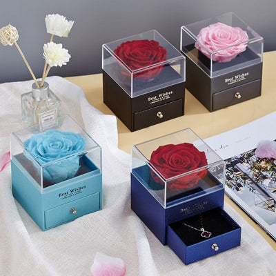 Trandafir Artificial 7x5cm din Spumă în Cutie 10x8.5cm, cu Capac Transparent cu Sertar Model Cadou Elegant Diferite Culori Engros