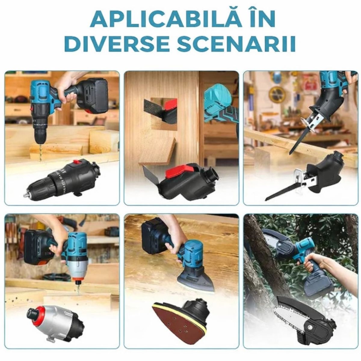 Bormașină Fără Fir 6 în 1, 48V cu Drujbă Fierăstrău Sabie Șurubelniță Cap de Șlefuire Lopată și Cap Multifuncțional cu Adaptor USB, 2 Acumulatori și Încărcător  Trusă Multifuncțională Profesională Engros