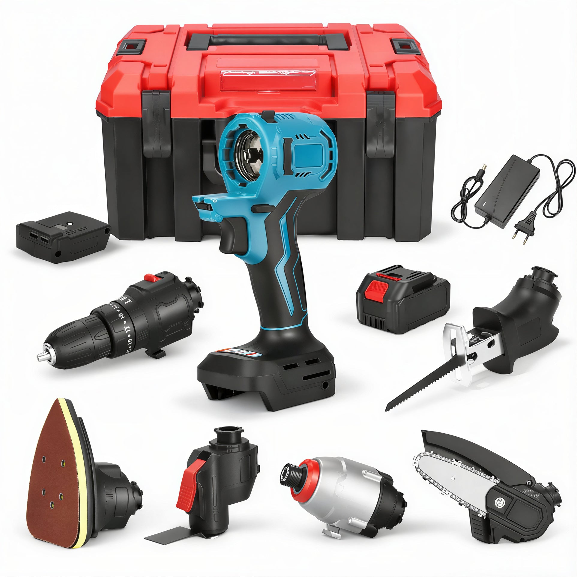 Bormașină Fără Fir 6 în 1, 48V cu Drujbă Fierăstrău Sabie Șurubelniță Cap de Șlefuire Lopată și Cap Multifuncțional cu Adaptor USB, 2 Acumulatori și Încărcător  Trusă Multifuncțională Profesională Engros