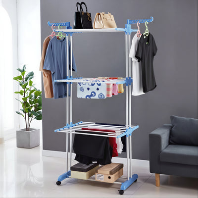 Uscător Haine 165.5×75×52cm cu 3 Niveluri din Metal, Susținere 50kg cu 2 Bare și 2 Suporturi pentru Umerașe Engros
