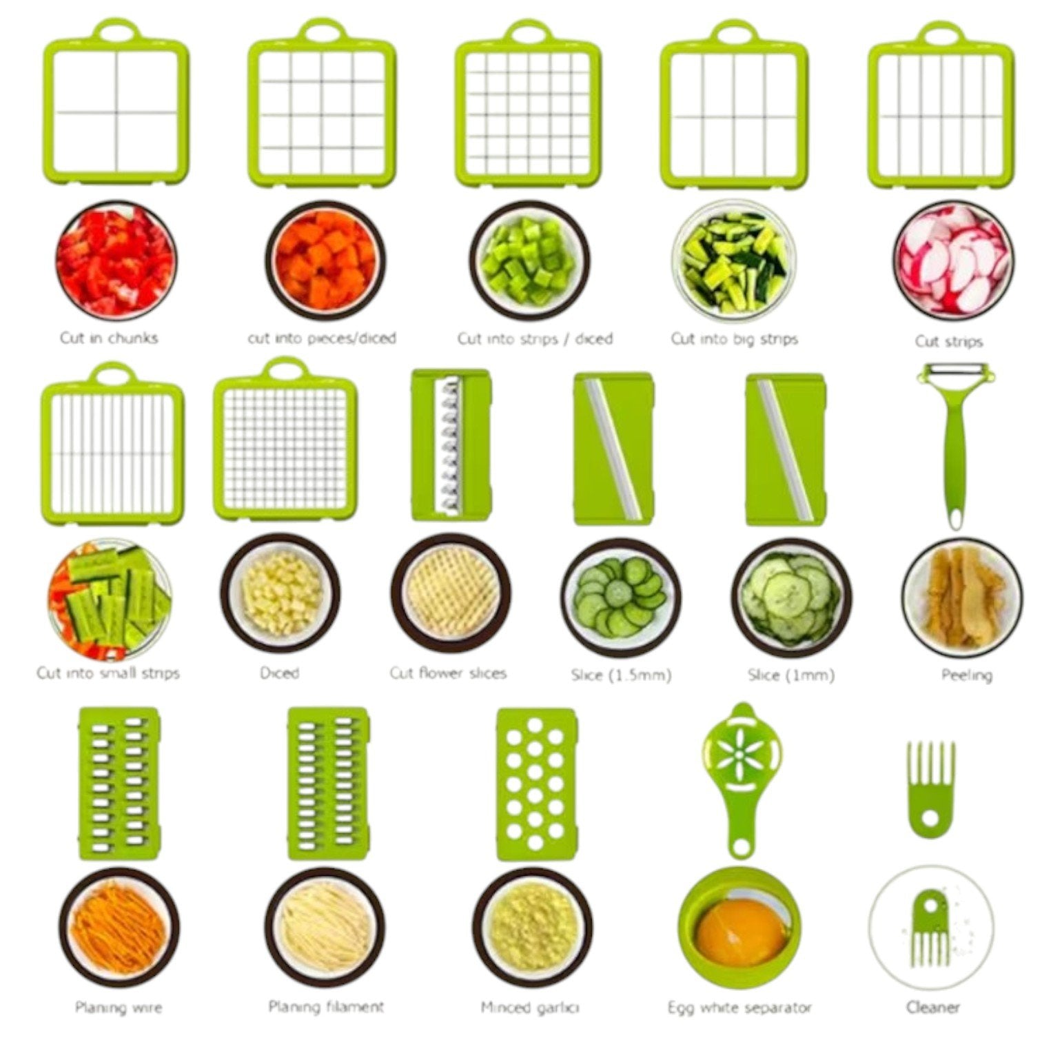 Razatoare Multifunctionala 22 de Piese, pentru Legume si Fructe, cu Functie de Caserola, Lame din Otel Inoxidabil si Maner Protectie Verde Engros