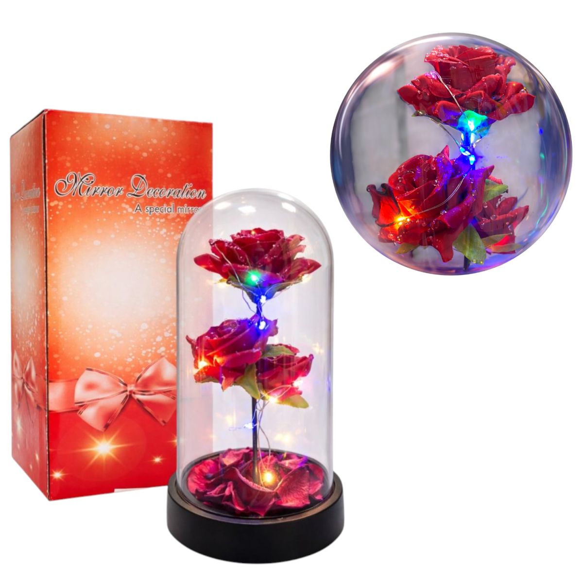 Trandafir Artificial 20x9cm cu Efect de Picături de Ploaie și Petale Decorative, Lumina LED Multicolora, în Cupolă Transparentă din Plastic Engros