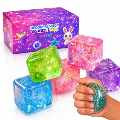 Cub Antistres Glitter 24/set, Ice Cube 3x3cm, Jucărie Senzorială Squishy din Gel Elastic, Stretch & Squeeze, Diferite Culori Engros