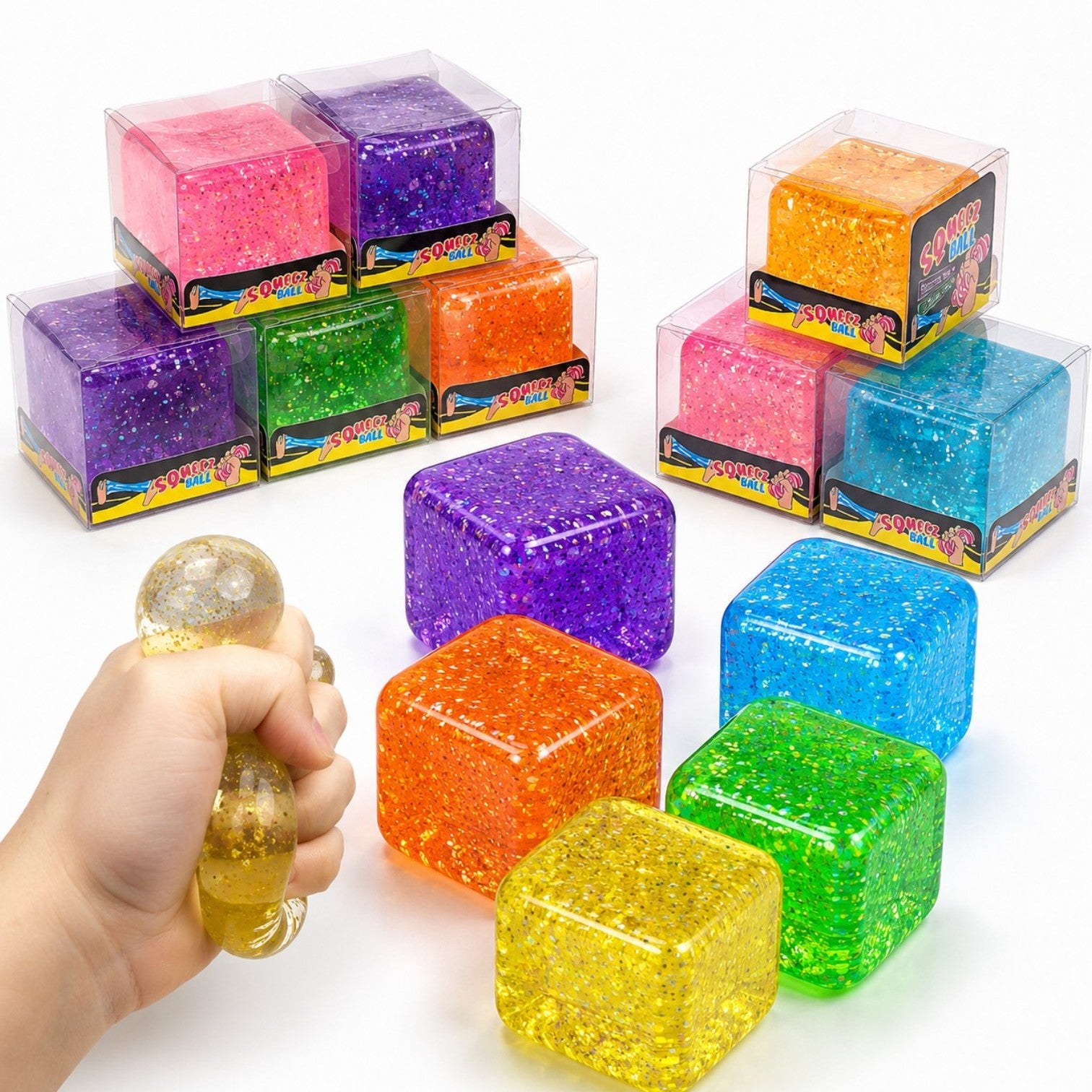 Cub Antistres, Glitter Ice Cube 4x4cm, Jucărie Senzorială Squishy din Gel Elastic, cu Textură Crystal Stretch & Squeeze Engros