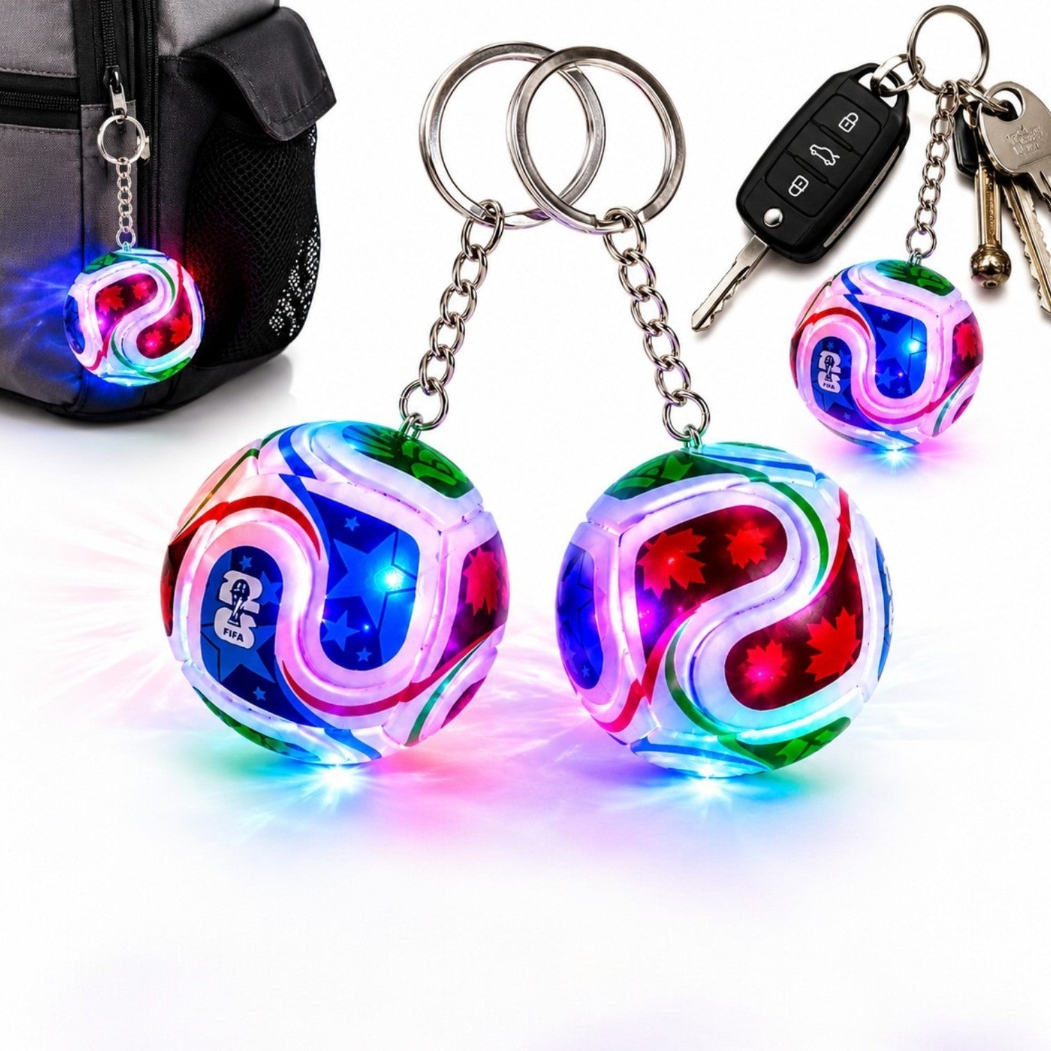 Breloc Luminos LED 10cm, Model Minge de Fotbal, 4cm Multicolor, cu Inel Metalic Engros