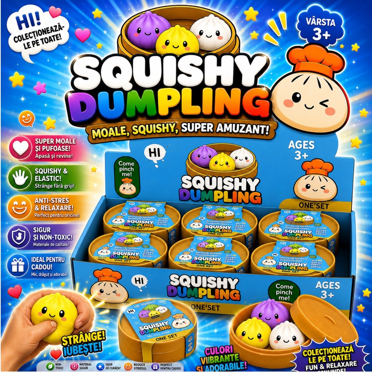 Jucărie Squishy Dumpling 6cm, 3 Buc/Cutie, Antistres 12 Cutii/set, Diferite Culori Engros
