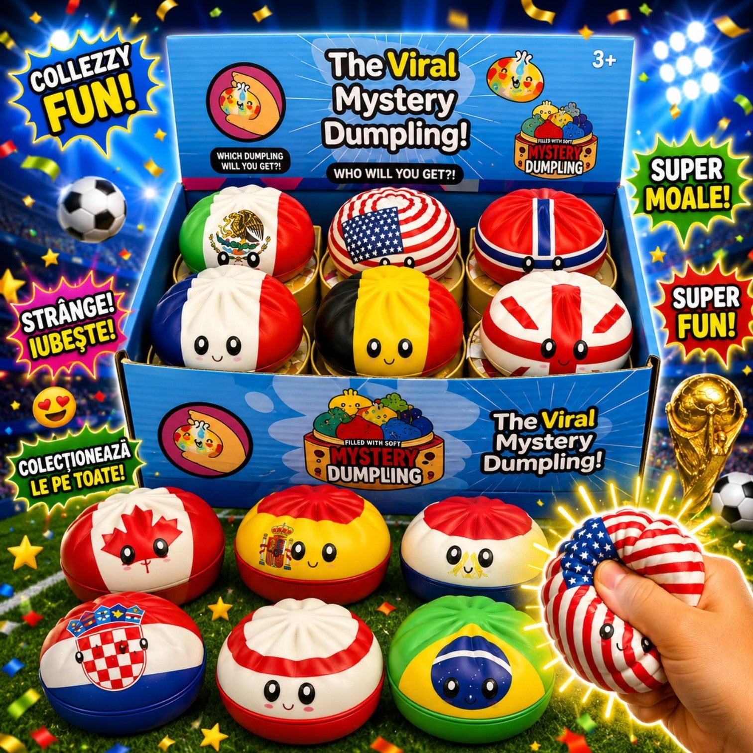Jucărie Squishy Dumpling, în Cutie Plastic, 9cm, Antistres, Model Cupa Mondiala Fotbal Engros