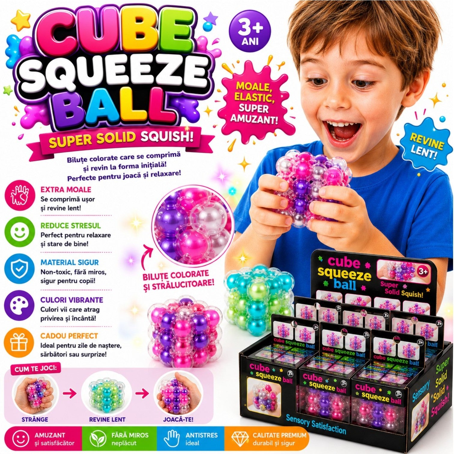 Jucărie Antistres 12/set, Bubble Squeeze Cube, 5x5cm, Slow Rising, Diferite Modele Engros