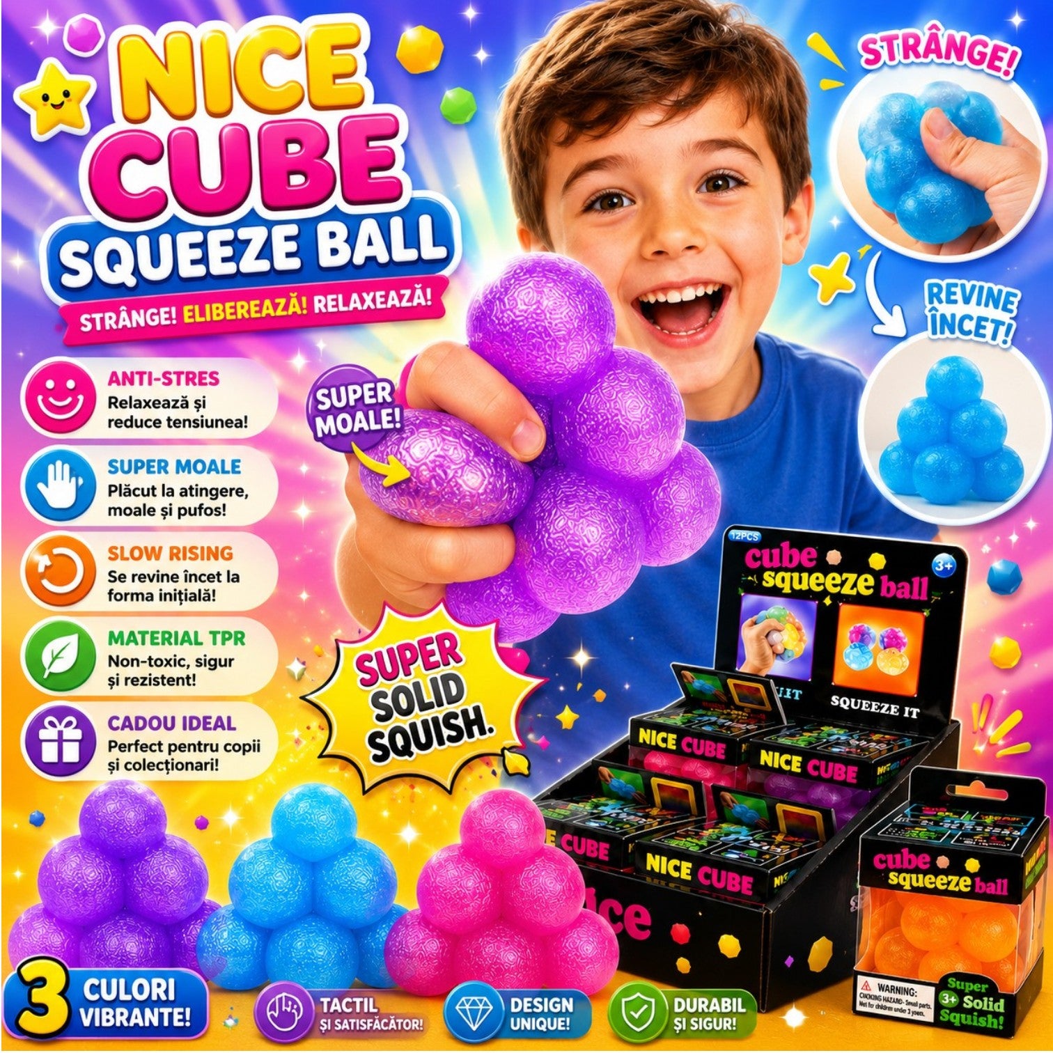Jucărie Squishy 12/set, Model Triangular Cube Maltose 7x7cm, Model Pyramid Bubble, Anti-Stres, Diferite Culori Engros