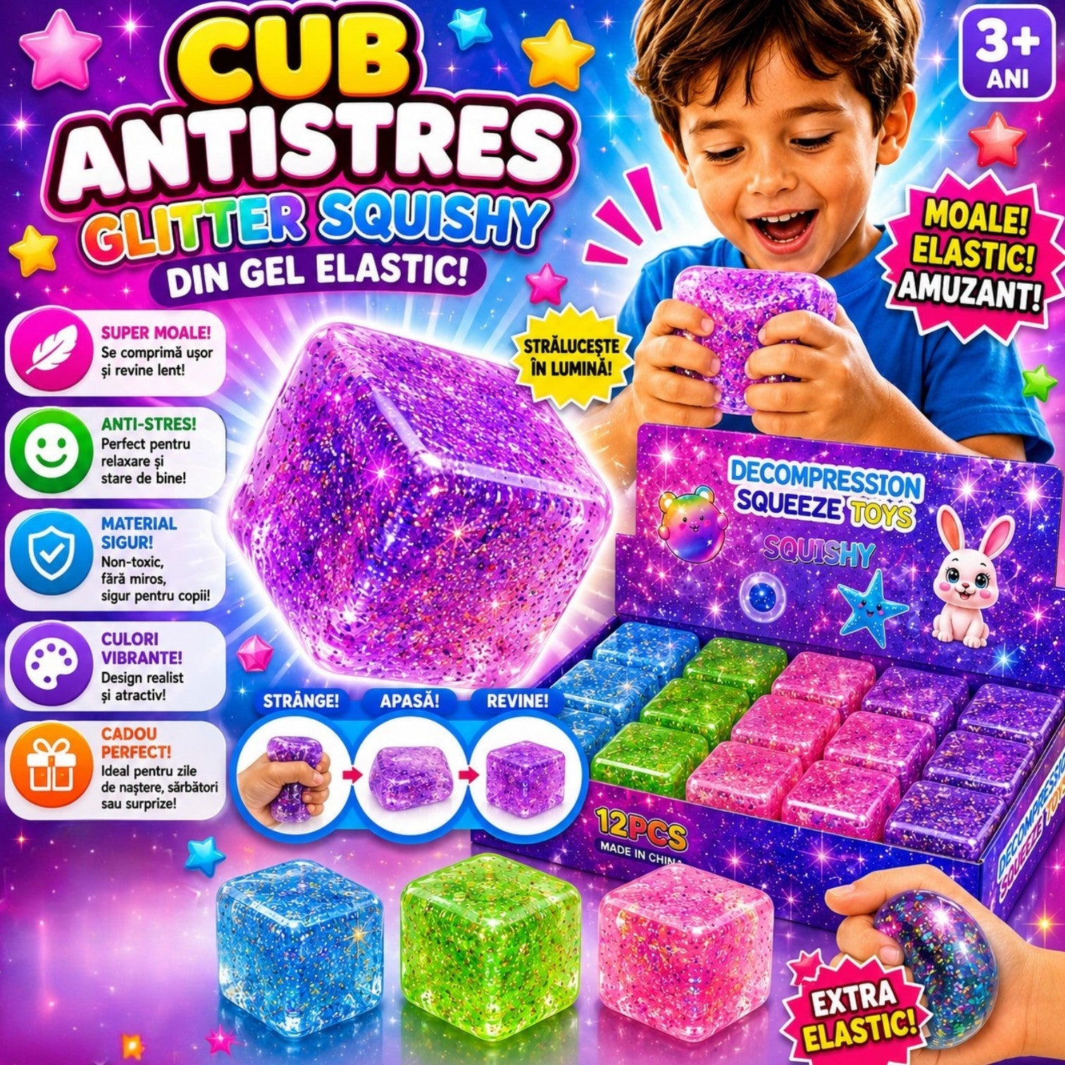 Cub Antistres Glitter, Ice Cube 3x3cm, Jucărie Senzorială Squishy din Gel Elastic, Stretch & Squeeze, Diferite Culori Engros