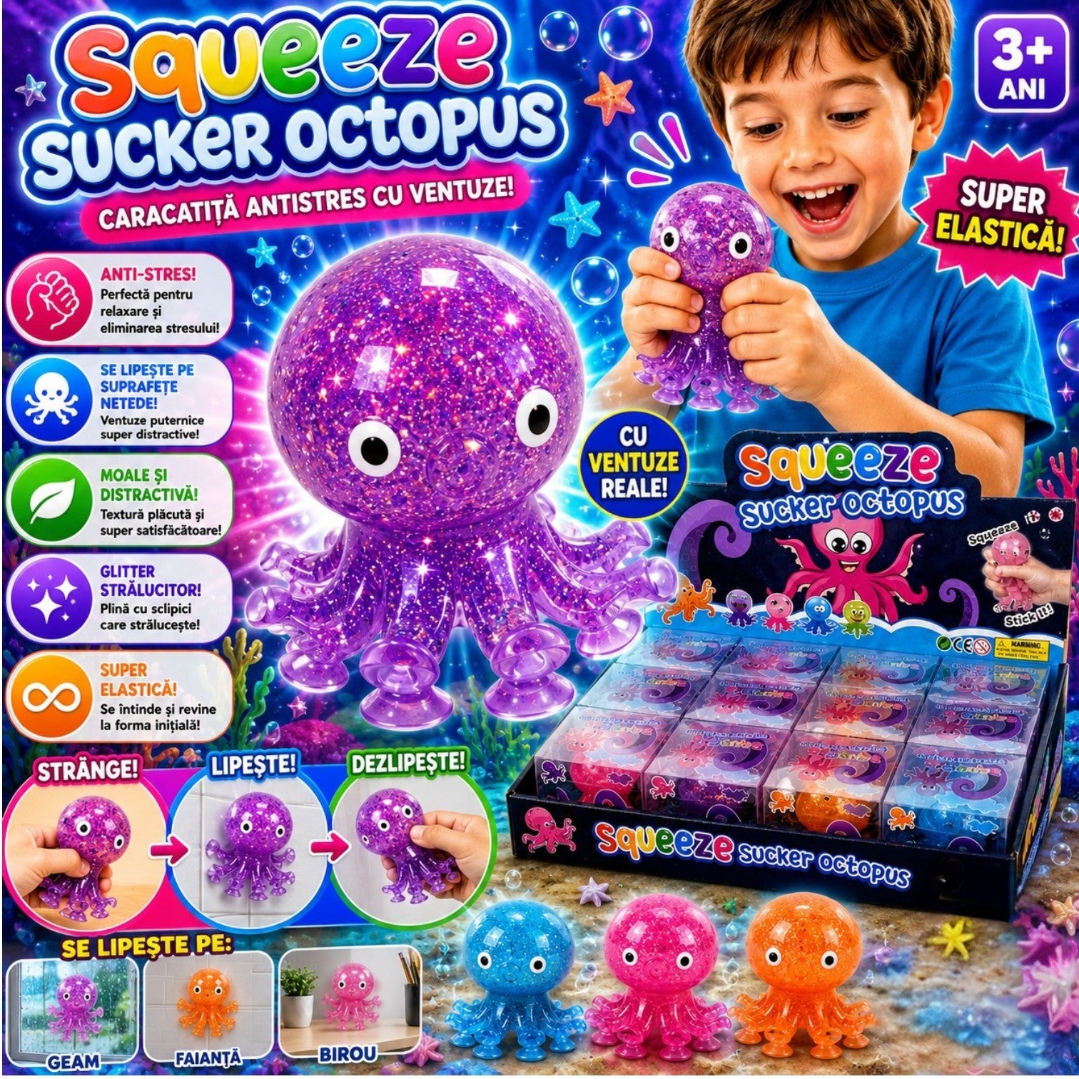Jucarie Squishy Caracatiță cu Glitter, 7.5cm, cu Ventuze, Anti-Stres, Diferite Culori Engros