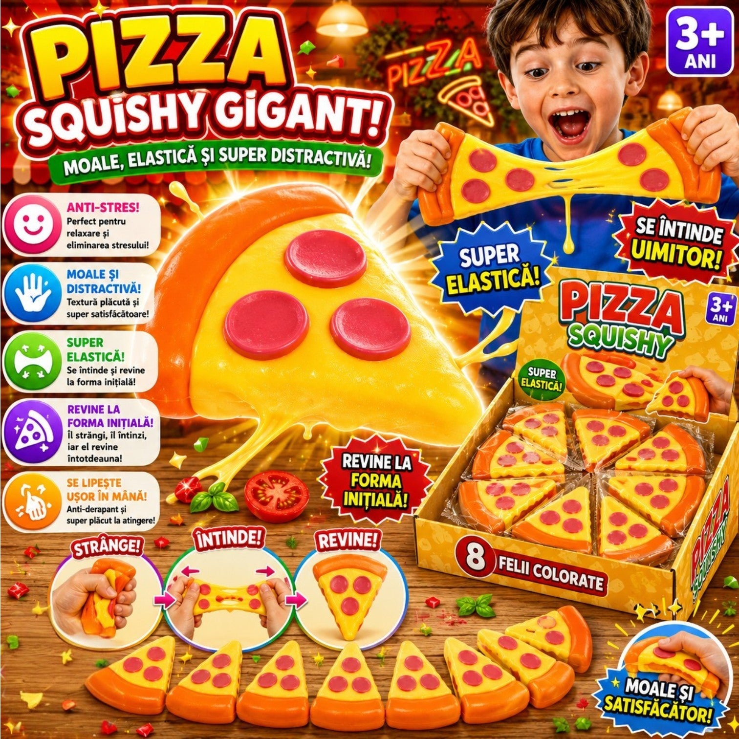 Jucărie Squishy Pizza 9x7cm, Anti-Stres, Slow Rising, Model Pizza Slice Engros