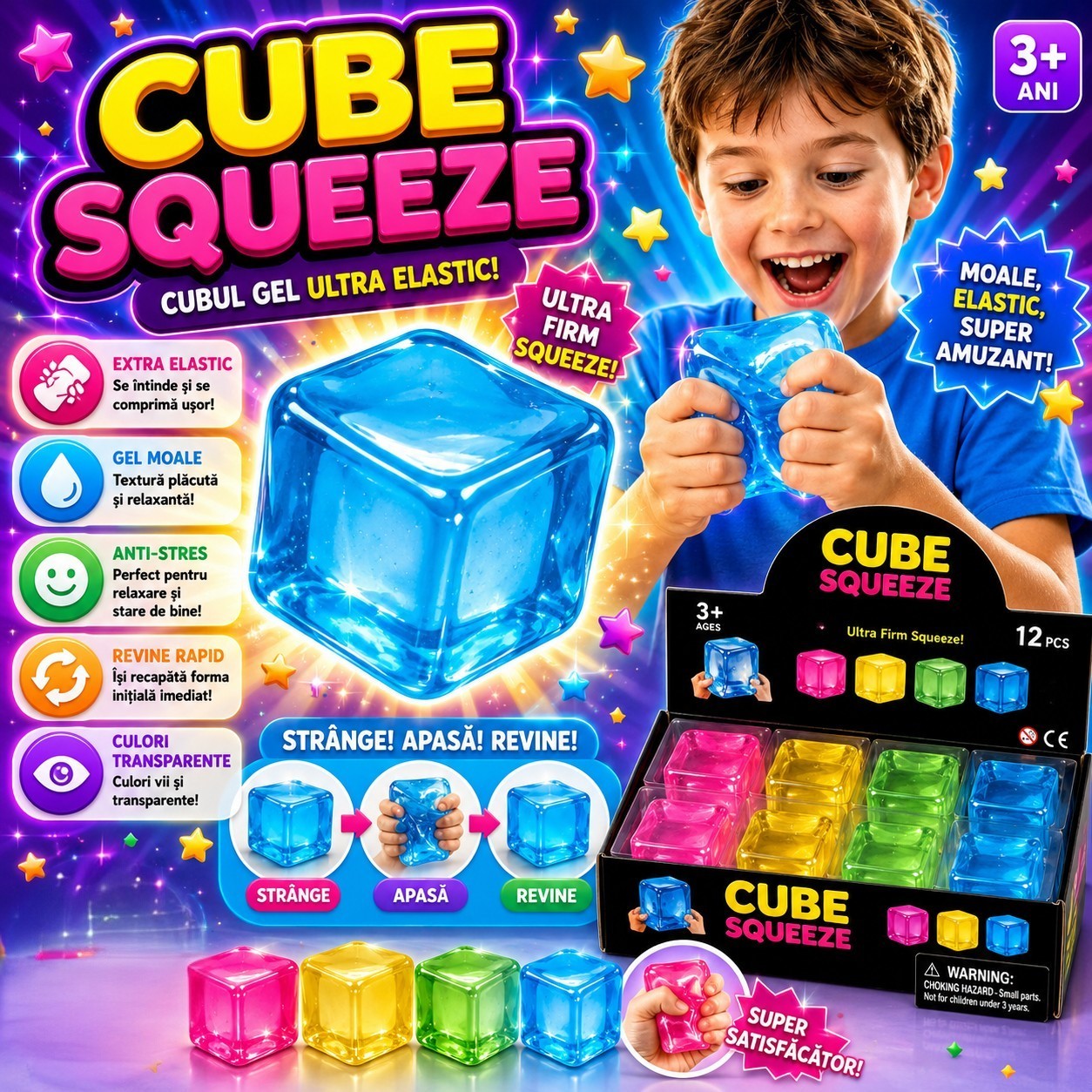 Cub Antistres Nee Doh Ice Cube 5x5cm, Jucărie Senzorială Squishy din Gel Elastic, Stretch & Squeeze Engros