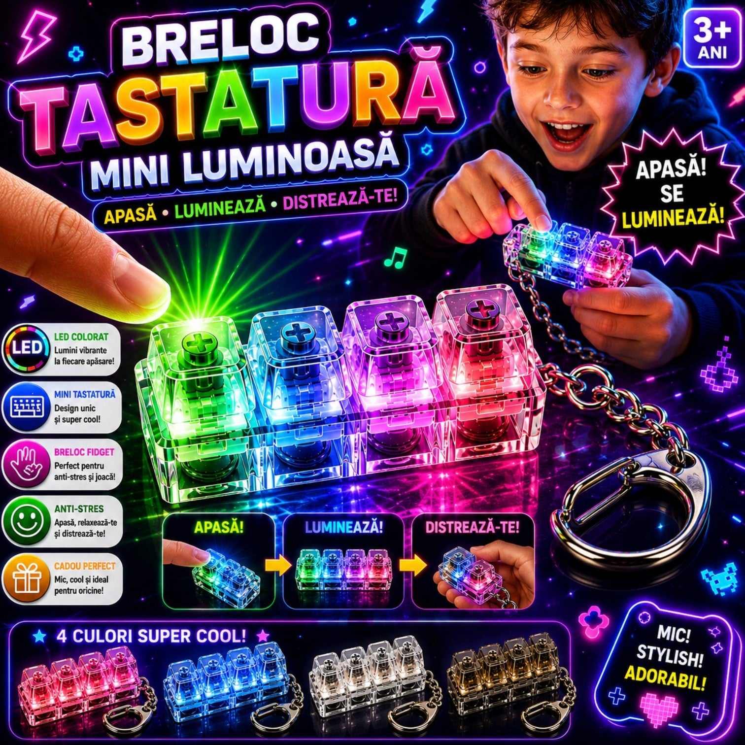 Breloc Fidget Tip Tastatură Mecanică cu LED, Anistres 7.5cm Efect Click, Diferite Culori Engros