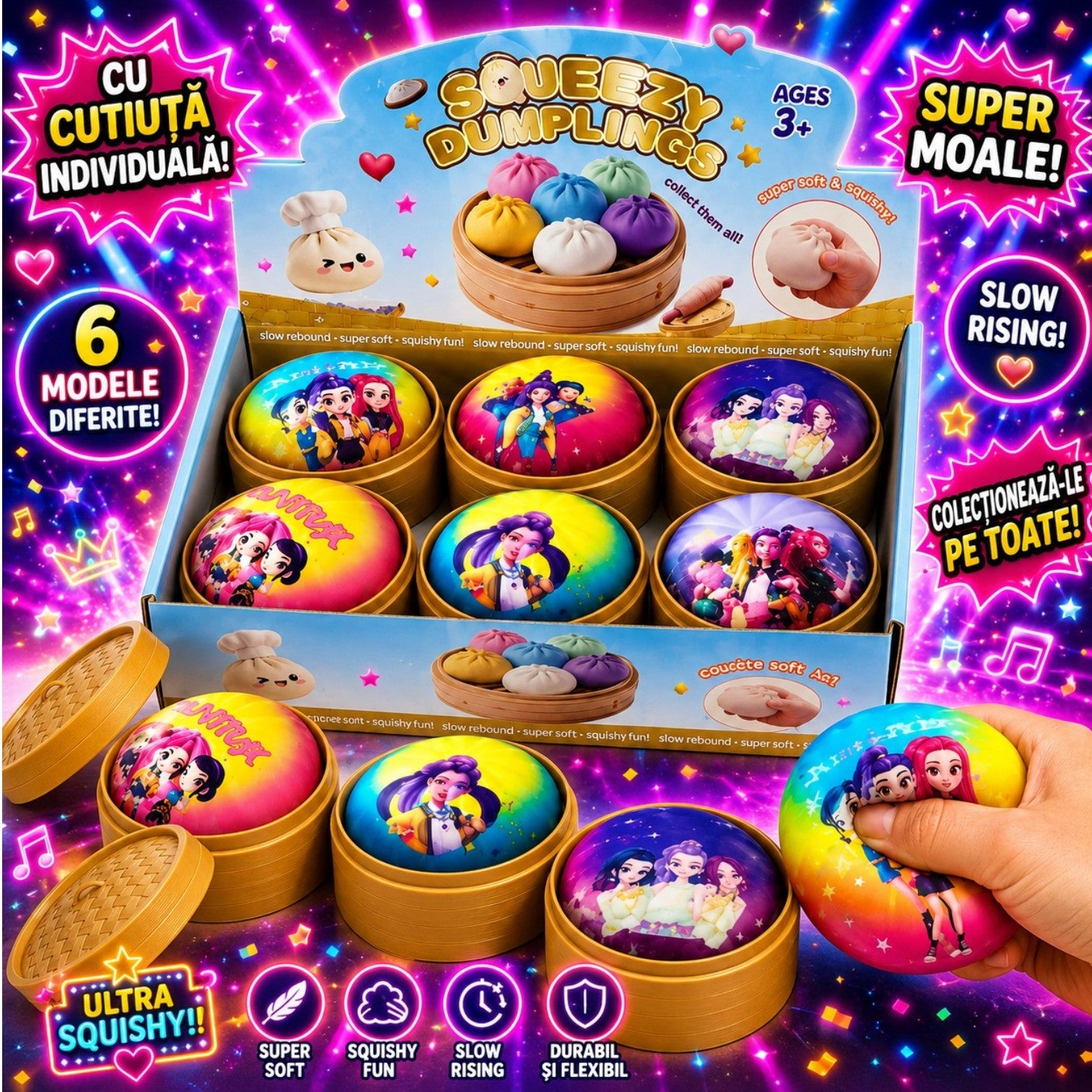 Jucărie Squishy Dumpling 9cm, în Cutie Plastic, Antistres, Diferite Modele cu Personaje Engros