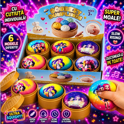 Jucărie Squishy Dumpling 12/set, în Cutie Plastic, 9cm, Antistres, Diferite Modele cu Personaje Engros
