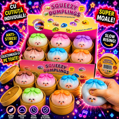 Jucărie Squishy Dumpling, în Cutie Plastic, 9cm, Antistres, Model Pastel cu Fundiță, Multicolor Engros