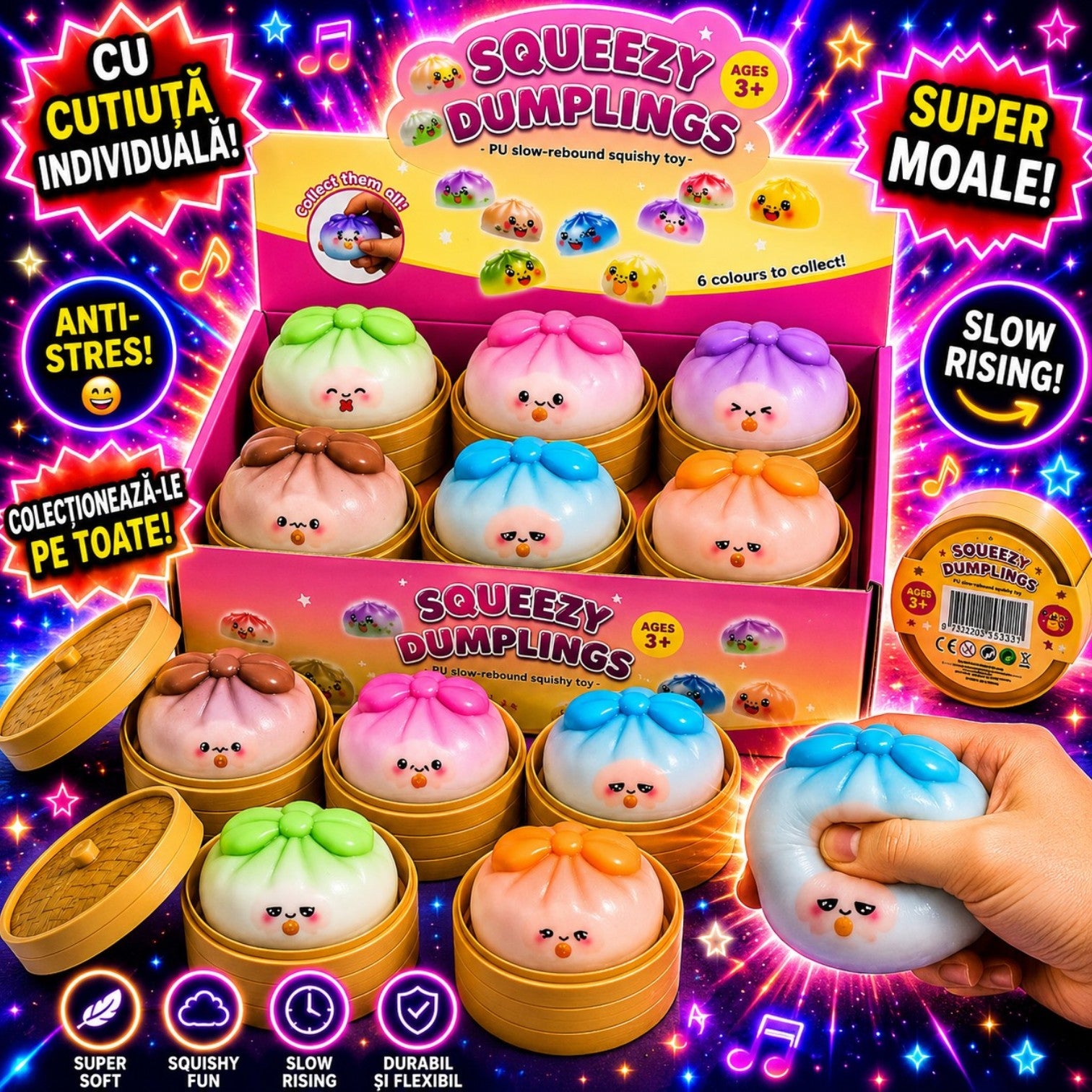 Jucărie Squishy Dumpling 12/set, în Cutie Plastic, 9cm, Antistres, Model Pastel cu Fundiță, Multicolor Engros