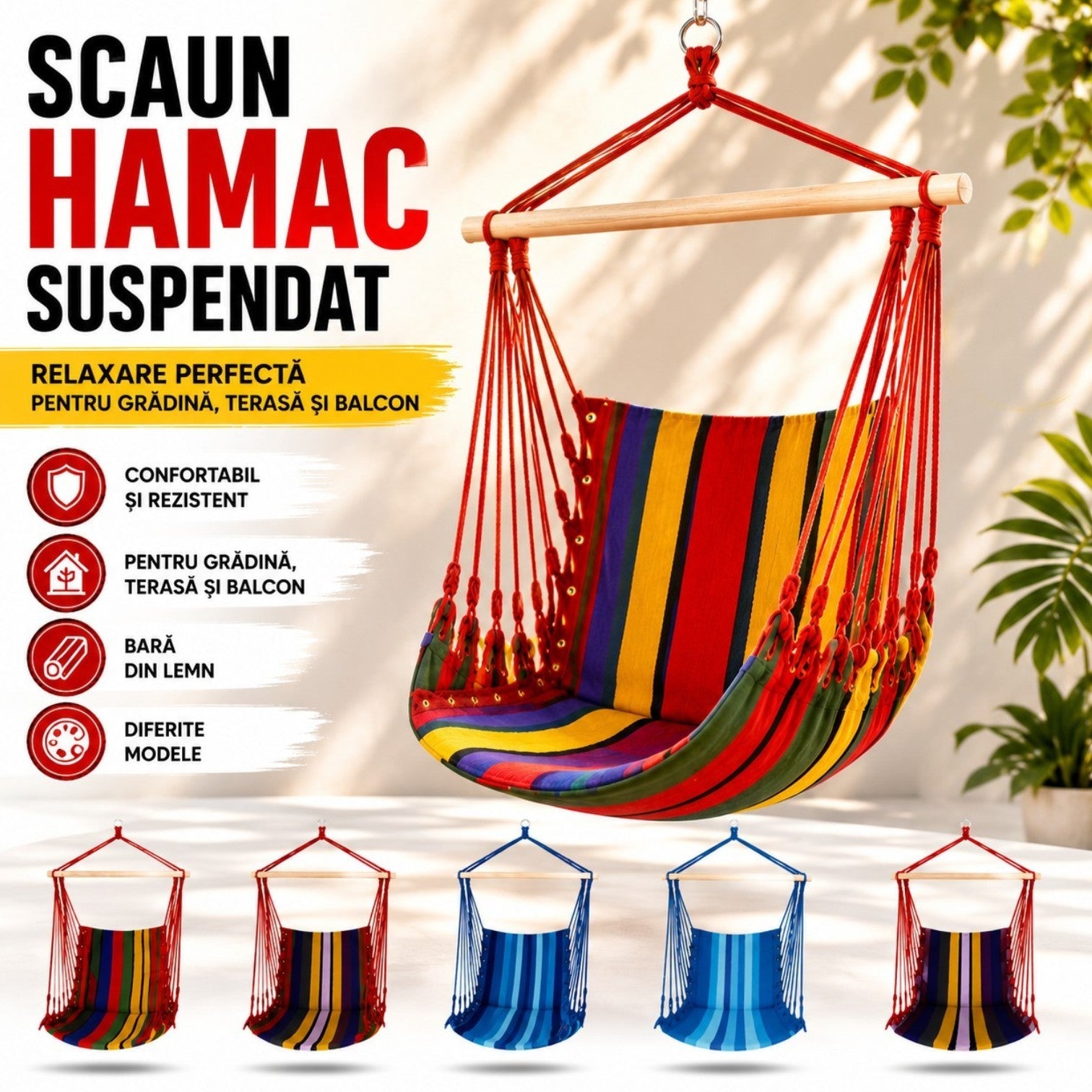 Hamac Scaun din Bumbac 100x50cm, cu Sustinere cu Bare de Lemn Diferite Culori Engros