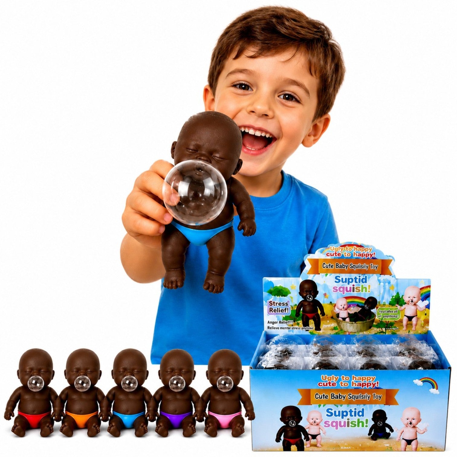Jucărie Squishy Bebeluș 12/set, din TPR 14cm, cu Balon Extensibil, Anti-Stres, Diferite Culori Engros