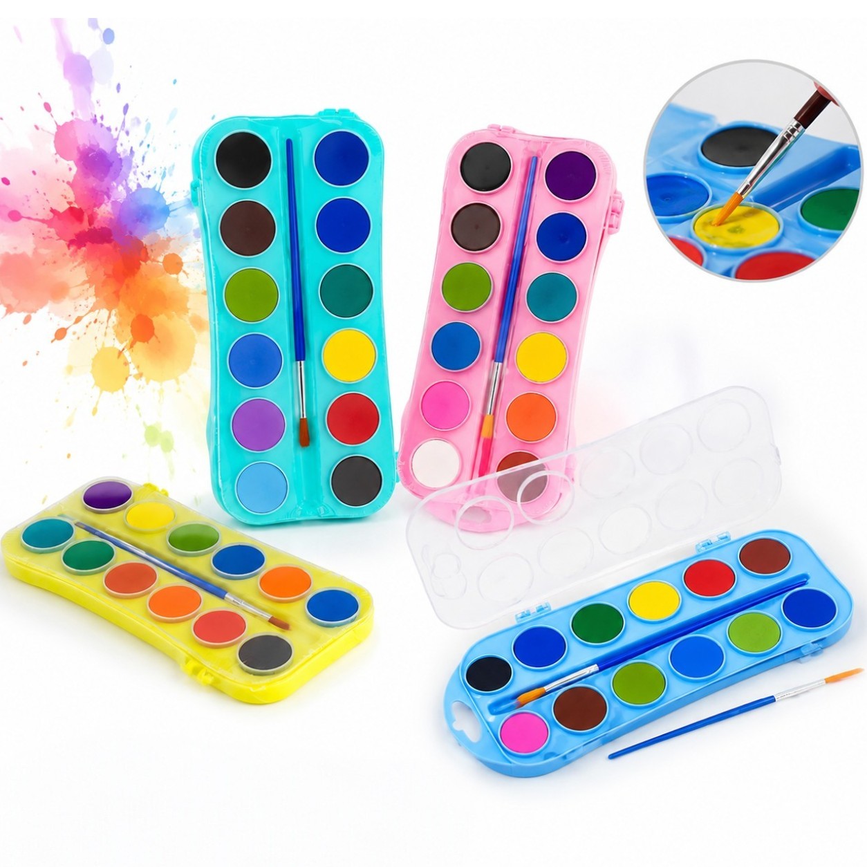 Acuarele 12 Culori 21x8cm cu Pensulă, în Trusă din Plastic Colorat Diferite Culori Engros