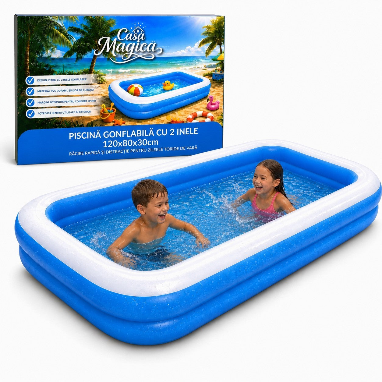 Piscina Gonflabila cu 2 Inele, 120x80x30cm, din Material PVC Rezistent Engros