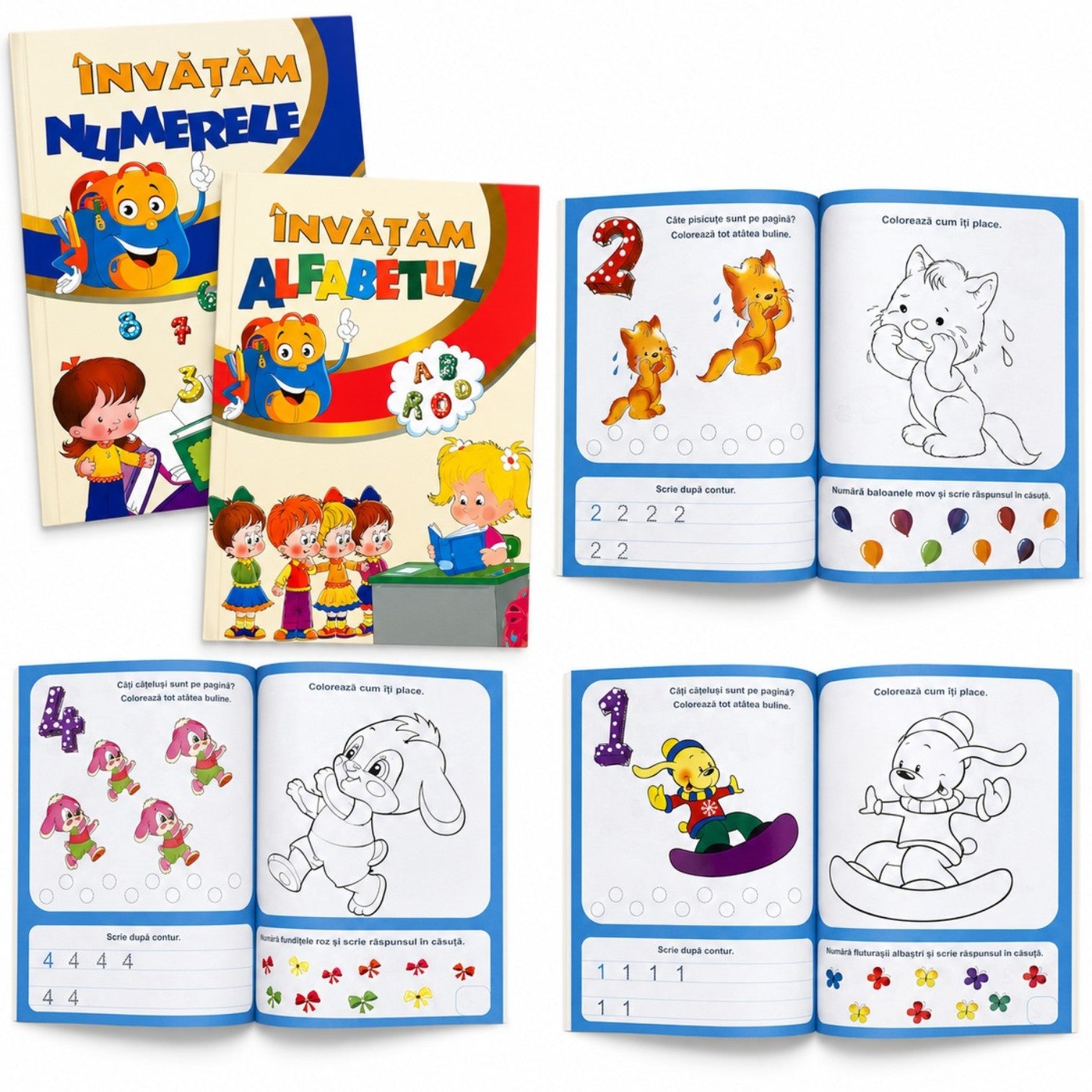Carte de Activități Educaționale 12/set, A4, Alfabet și Numere, Exerciții de Scriere, Numărare și Colorat Engros