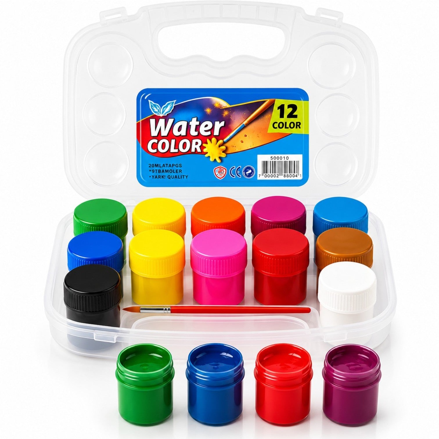 Acuarele la Borcan 4cm pe Bază de Apă 12/set cu Pensulă, în Cutie 18x14cm cu Mâner Transparentă Engros