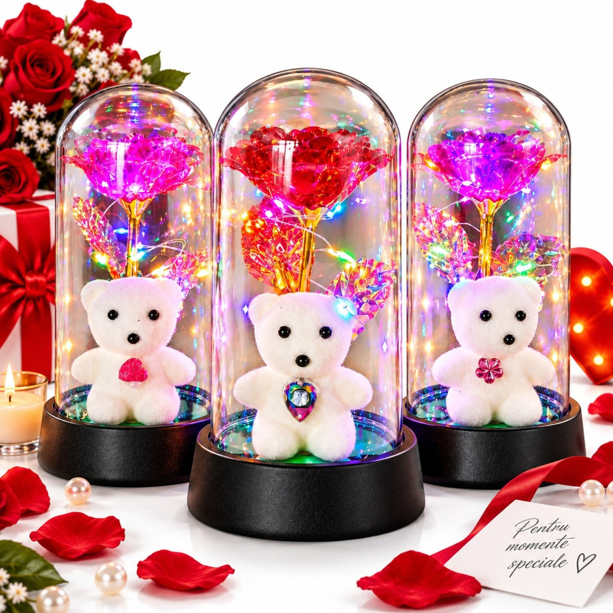 Trandafir Cristalizat 15x8cm cu Lumina LED Multicolor sub Cupola Transparenta, cu Ursulet Decorativ, Diferite Culori Engros