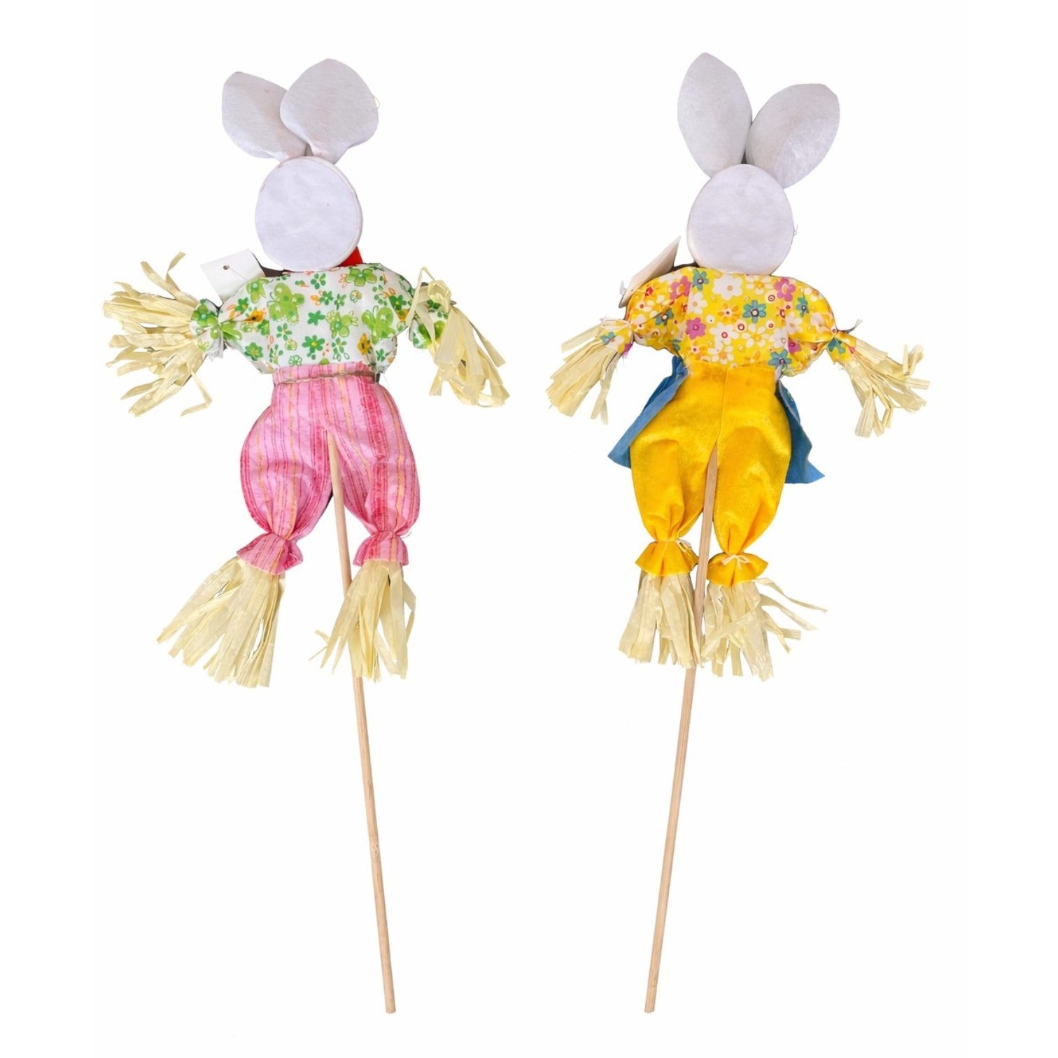Figurină Decorativă Paște Iepuraș pe Băț 51cm, Figurină 36cm cu Haine Colorate și Detalii din Paie, Diferite Modele Engros