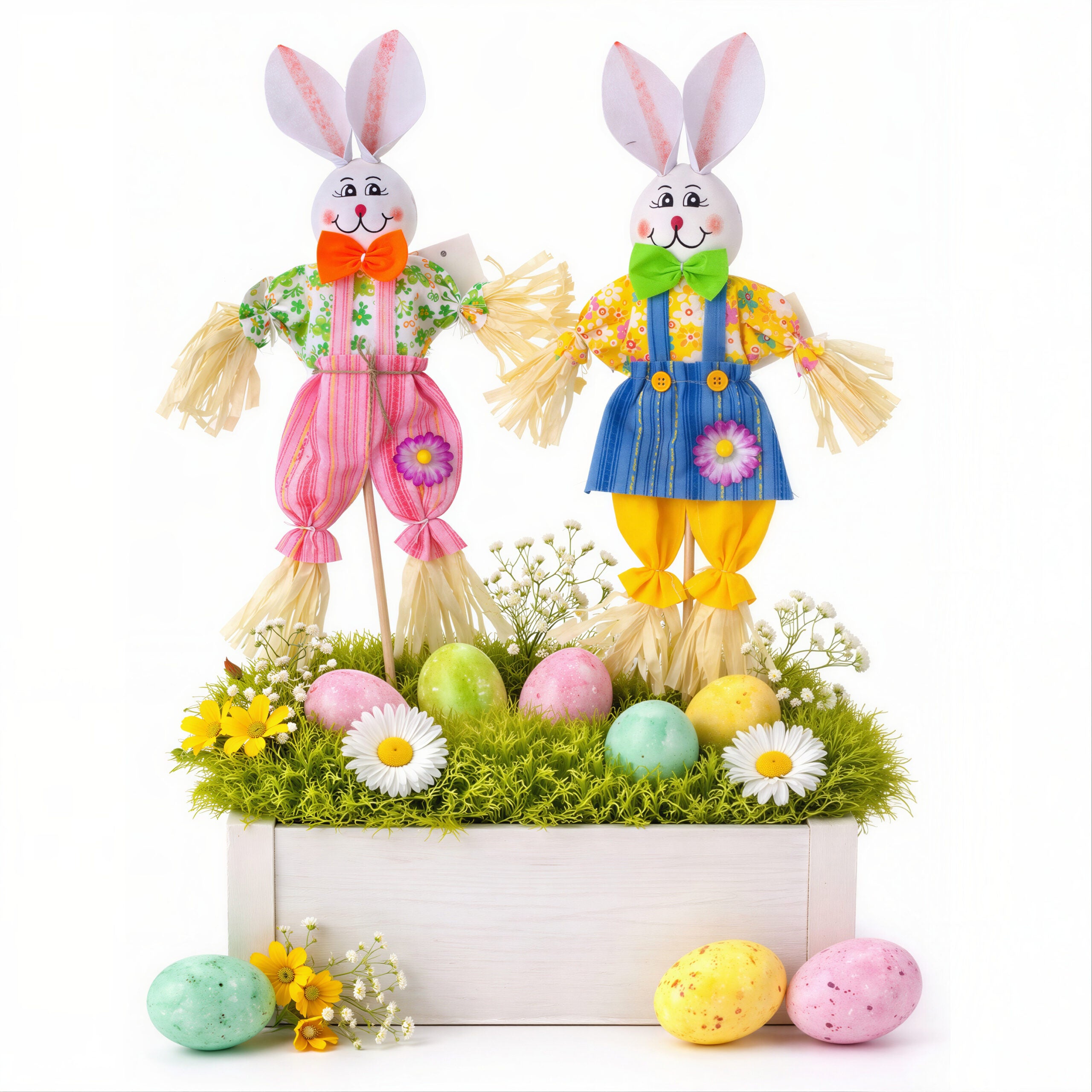 Figurină Decorativă Paște Iepuraș pe Băț 51cm, Figurină 36cm cu Haine Colorate și Detalii din Paie, Diferite Modele Engros