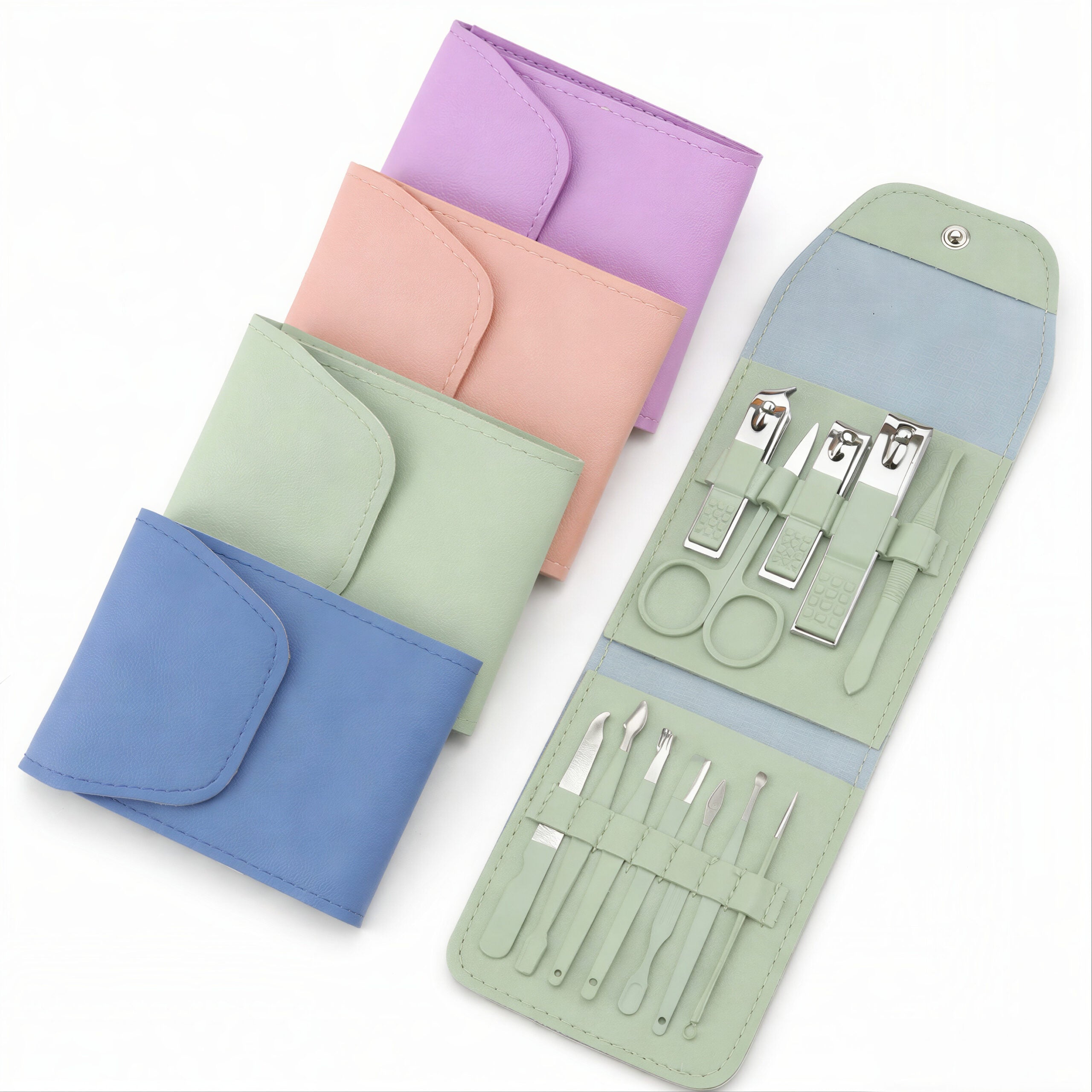 Trusă Manichiură și Pedichiură 12 Piese din Oțel Inoxidabil, cu Husă din Piele Ecologică Diferite Culori Engros