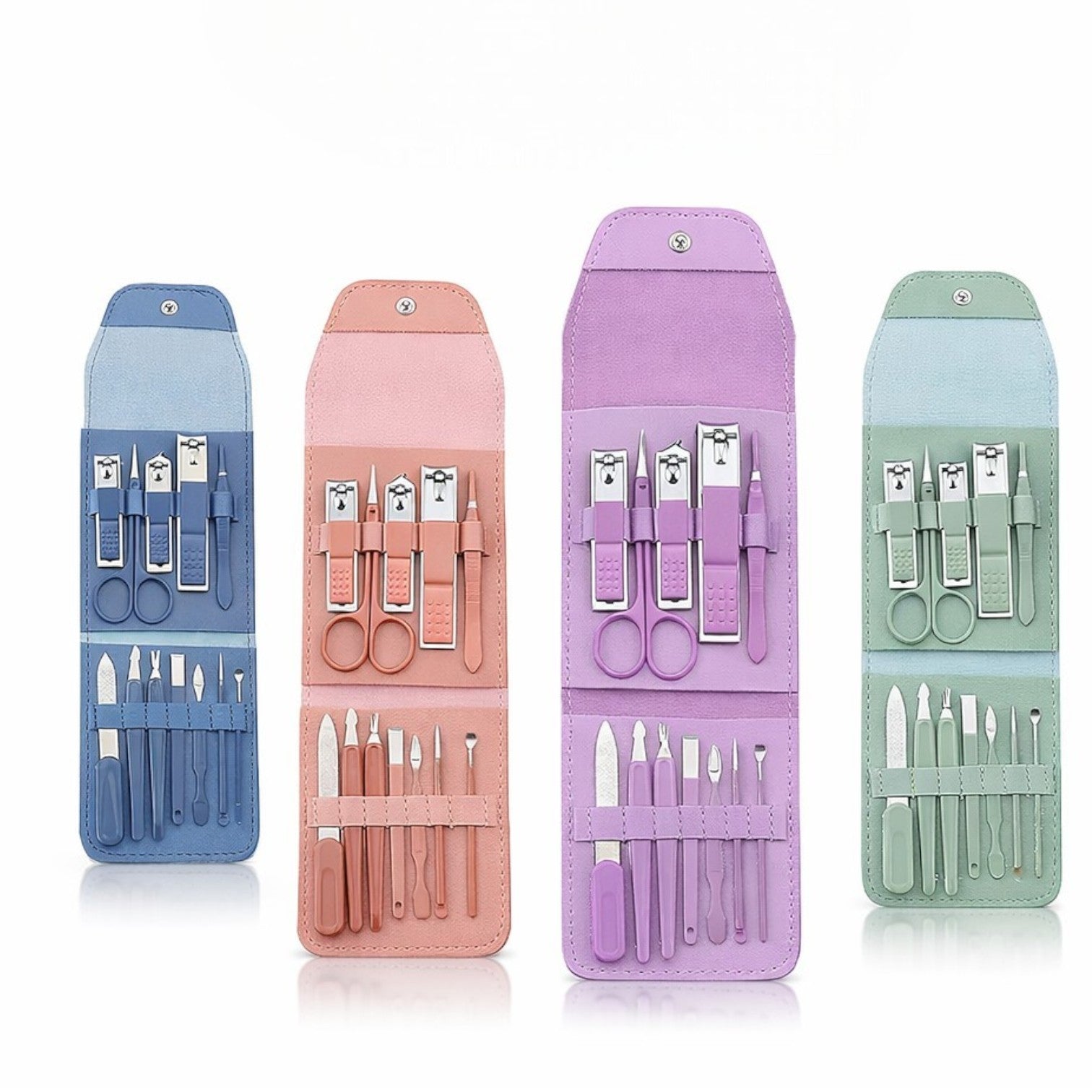 Trusă Manichiură și Pedichiură 12 Piese din Oțel Inoxidabil, cu Husă din Piele Ecologică Diferite Culori Engros