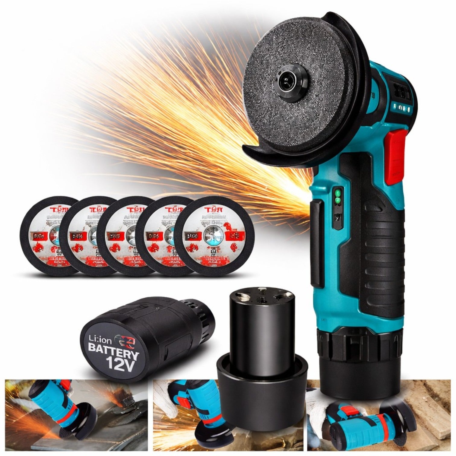 Mini Polizor Unghiular 16x11.5cm, Portabil cu 2 Acumulatorii si 5 discuri 12V Engros