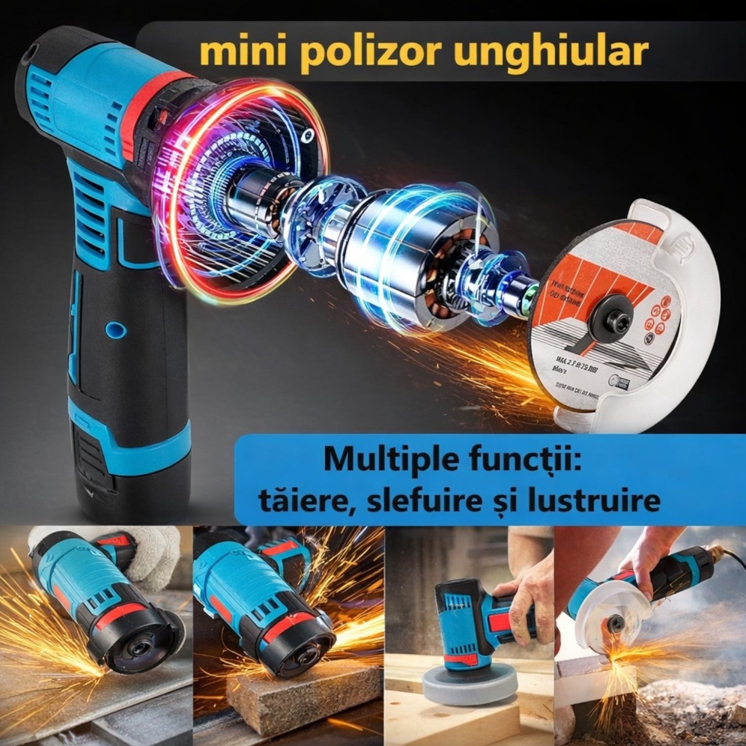 Mini Polizor Unghiular 16x11.5cm, Portabil cu 2 Acumulatorii si 5 discuri 12V Engros