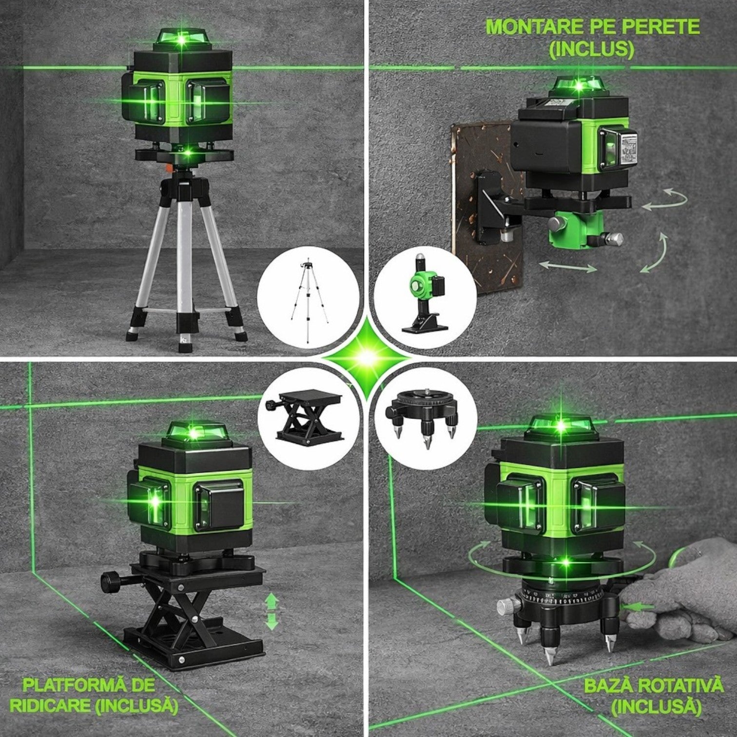 Nivela Laser 4D cu 16 Linii, Autonivelare, Telecomandă, Lumină Verde, Platformă de Ridicare și Trepied 150cm Engros