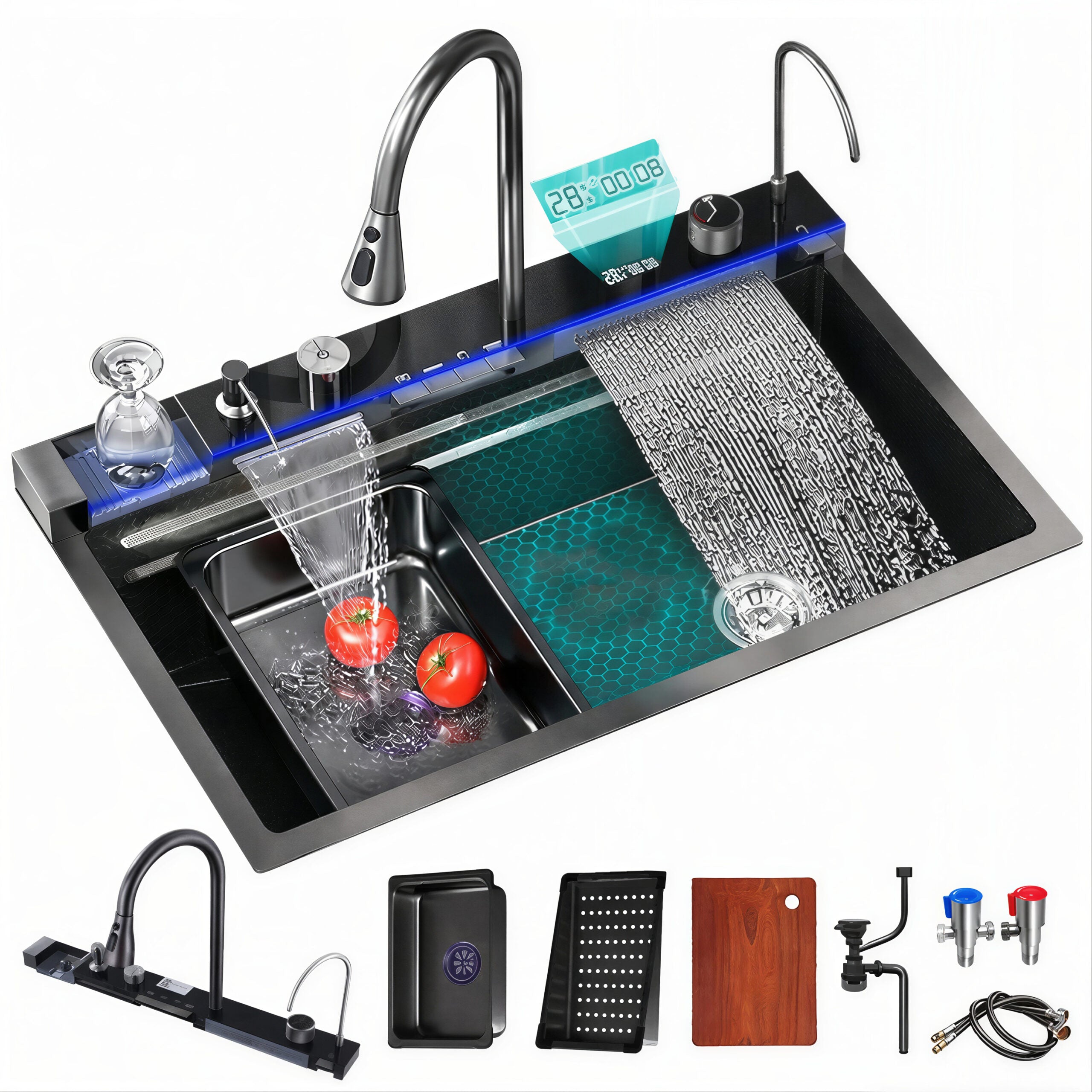 Chiuvetă Multifuncțională 75x46cm, cu 2 Cascade, Afișaj Digital Temperatură, Robinet Tip Cascadă, Accesorii Incluse Engros