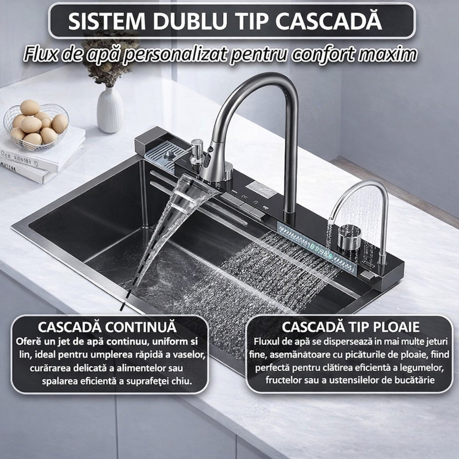 Chiuvetă Multifuncțională 75x46cm, cu 2 Cascade, Afișaj Digital Temperatură, Robinet Tip Cascadă, Accesorii Incluse Engros